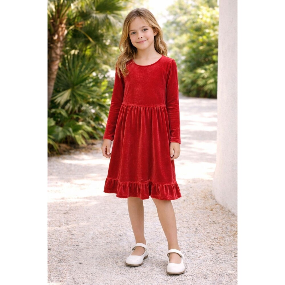 CREWCUTS Kids Girls Velvet Dress 7 Red Long Sleeve Knee Length Casual Party‎